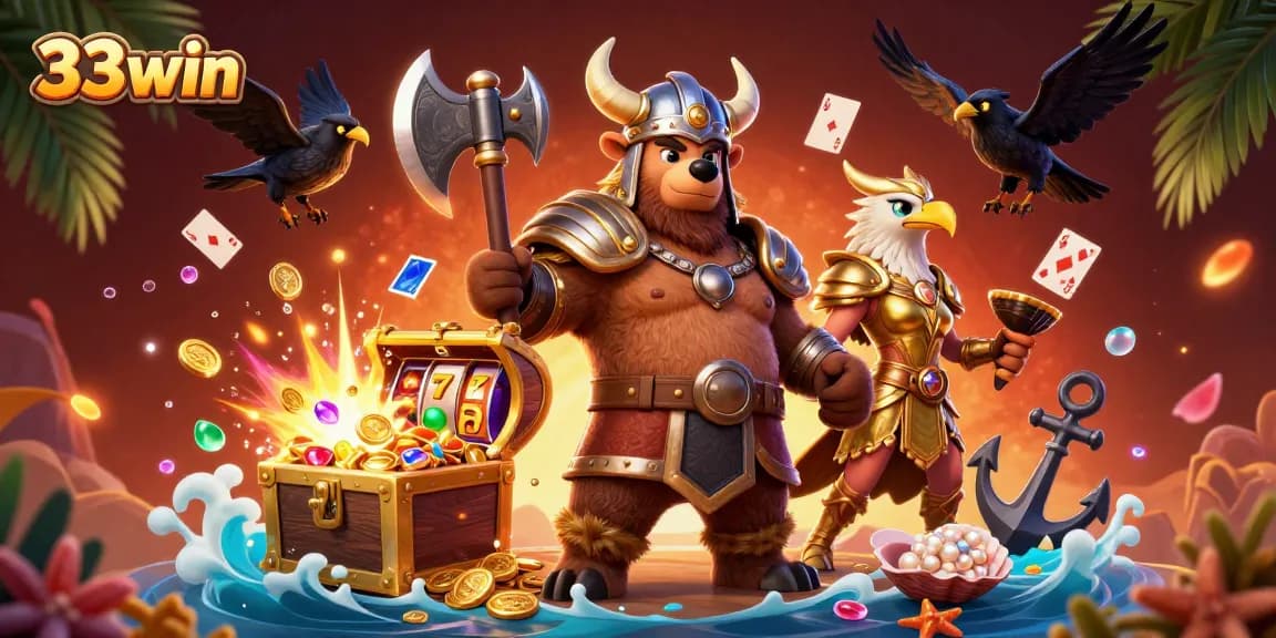 Engage with 33win using vibrant 3D cartoon casino illustration highlighting dynamic gaming elements.