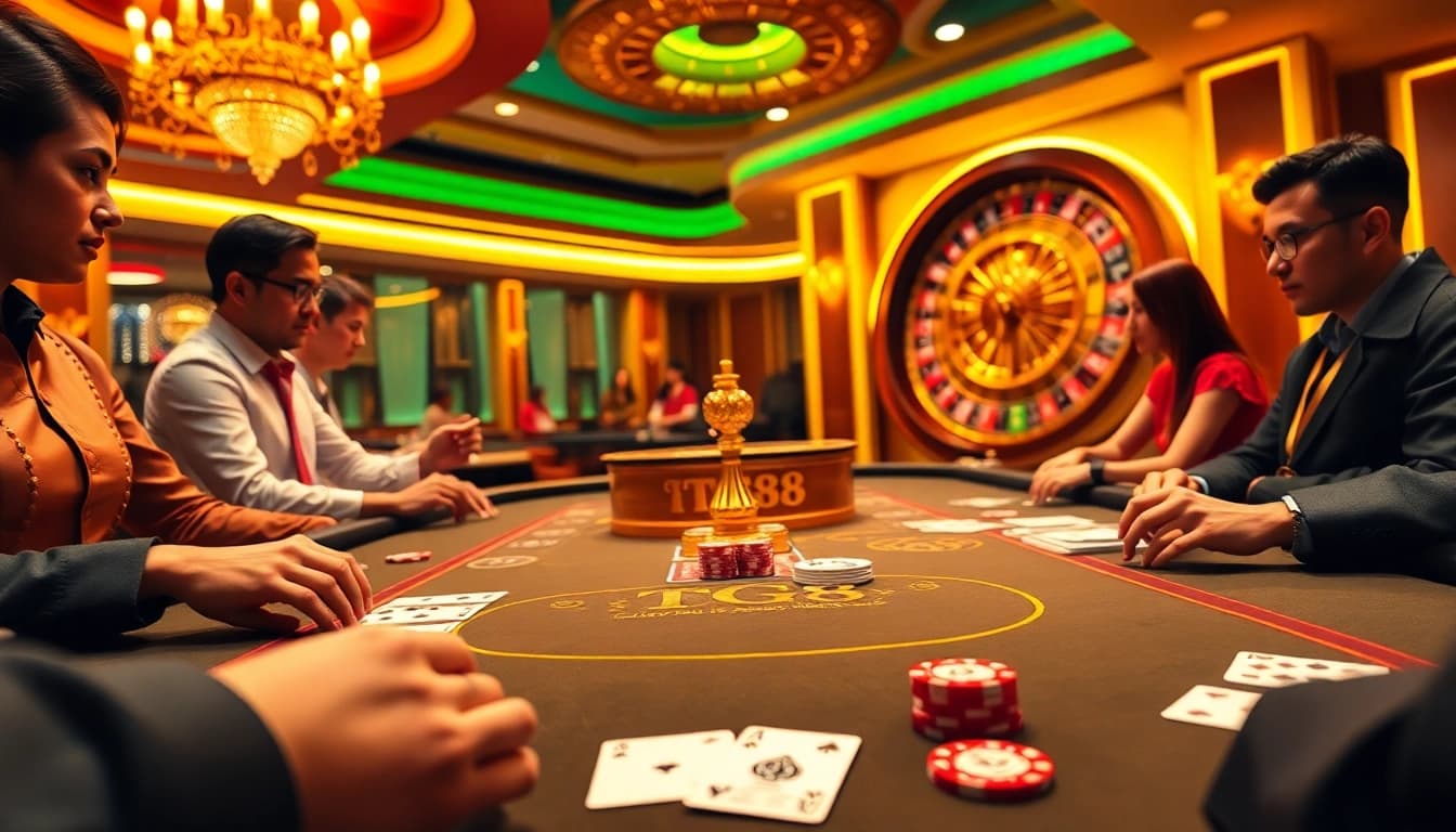 Gamblers enjoying the thrill of a TG88-branded casino gaming experience with vibrant chips and cards.