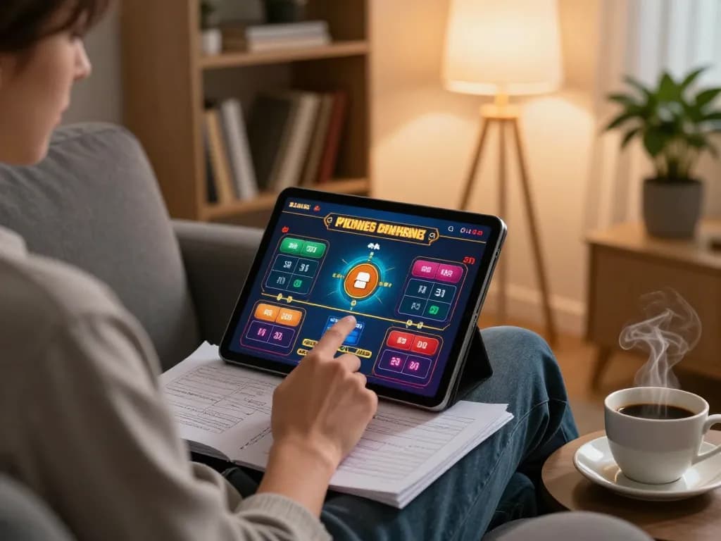 Person placing bets on gi88 in a cozy home with a tablet and strategic notes.