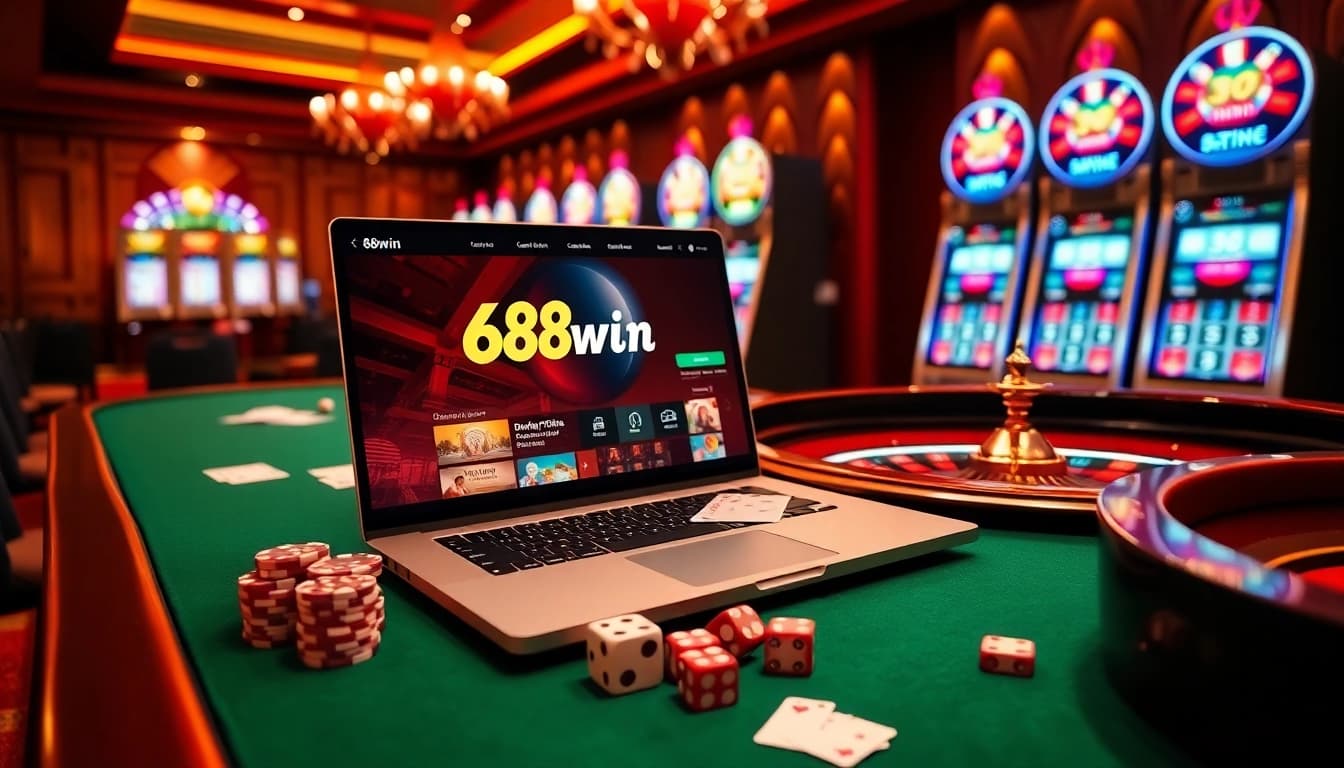 Engaging casino scene with 68win website showcasing vibrant poker chips, dice, and roulette wheel.