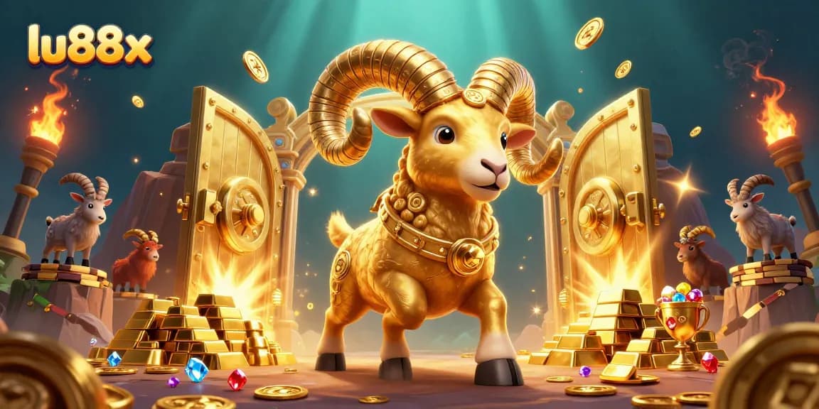 Experience the thrill of lu88x with a golden ram surrounded by treasure, embodying casino excitement.