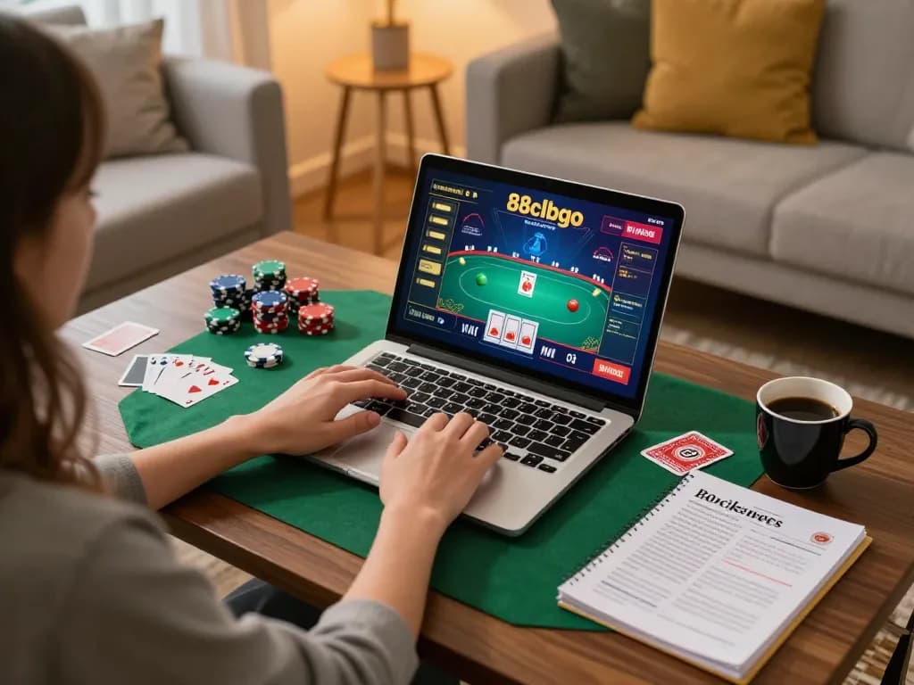Engaged player on 88clbgo enjoying online poker in a cozy setup, showcasing gaming excitement.
