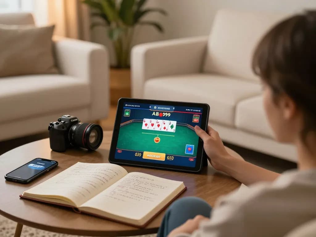 Engaged player using the ABC999 app on their tablet for an optimal online poker experience.