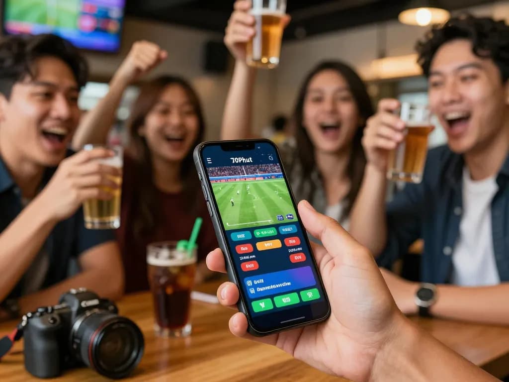 Engaging moment of betting on 90Phut TV's app during a live football match in a lively sports bar.