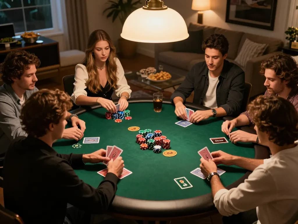U888 poker night with friends enjoying cards and chips in a cozy home setting.