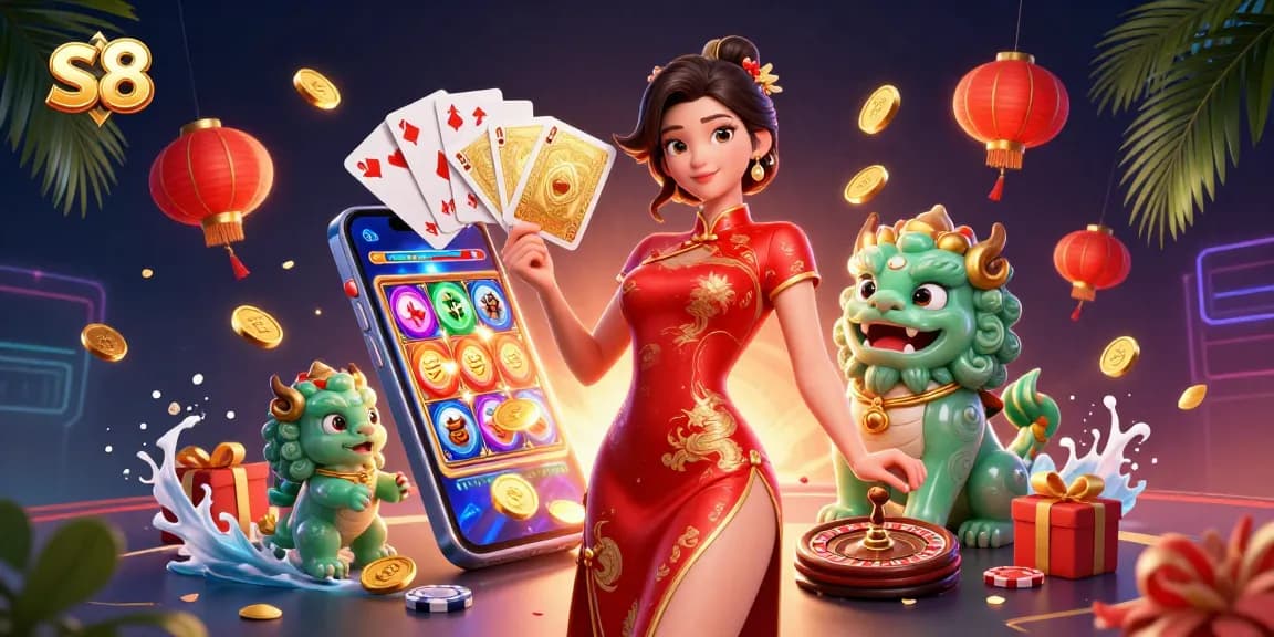 S8 presents a stunning promo image showcasing an elegant woman with golden cards and gaming elements.