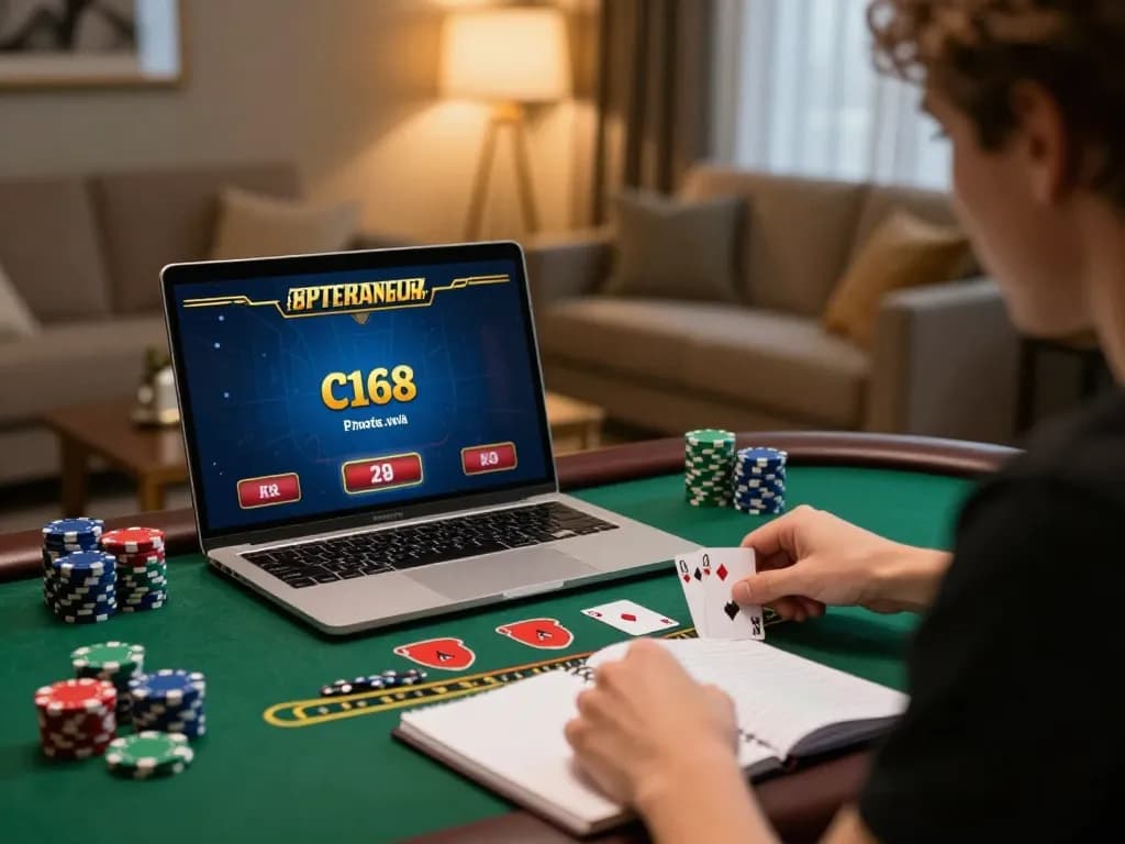 Engaging in live dealer blackjack on c168.com, showcasing strategic gameplay at home.