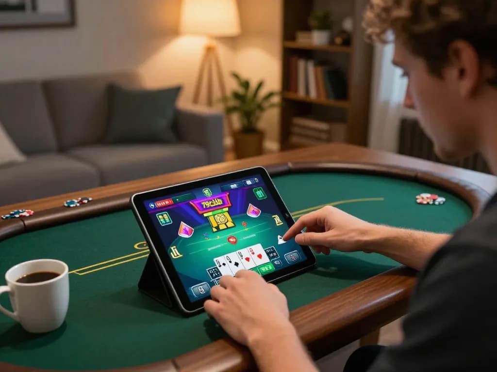 Player enjoying interactive poker gameplay on the 79club app in a cozy home office