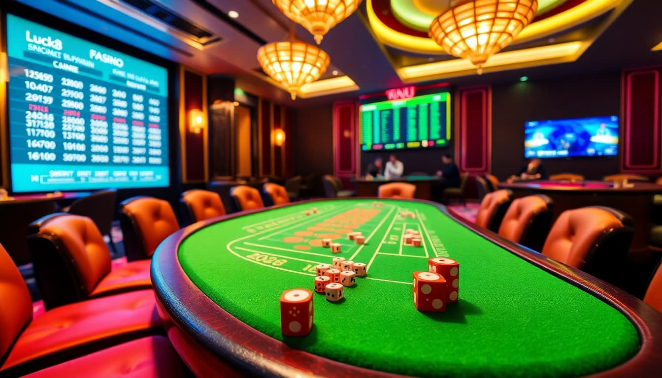 Engaging players at Luck8 tài xỉu game, showcasing vibrant chips and dice on a luxury casino table.