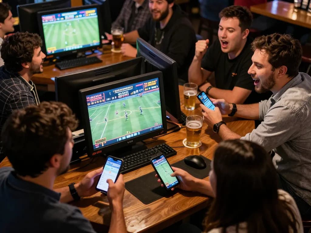 Engaging sports betting atmosphere showcasing people placing bets using mobile devices at a lively venue, while enjoying the experience of Dang nhap sky88.