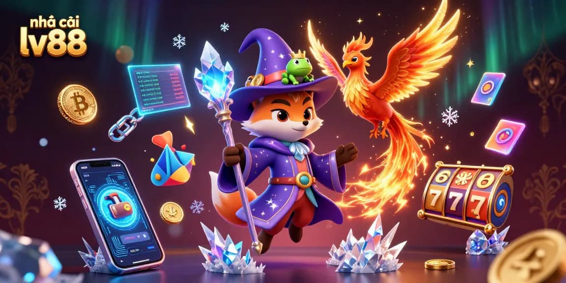 Engage with nhà cái lv88 in a vibrant 3D illustration featuring magical gambling elements like slots and crypto coins.