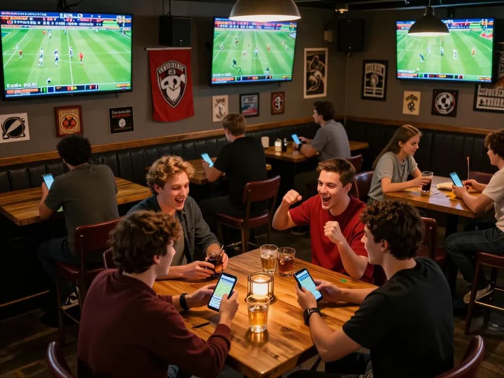 Excited sports fans placing bets on ty le nha cai during a football match in a vibrant sports bar atmosphere.
