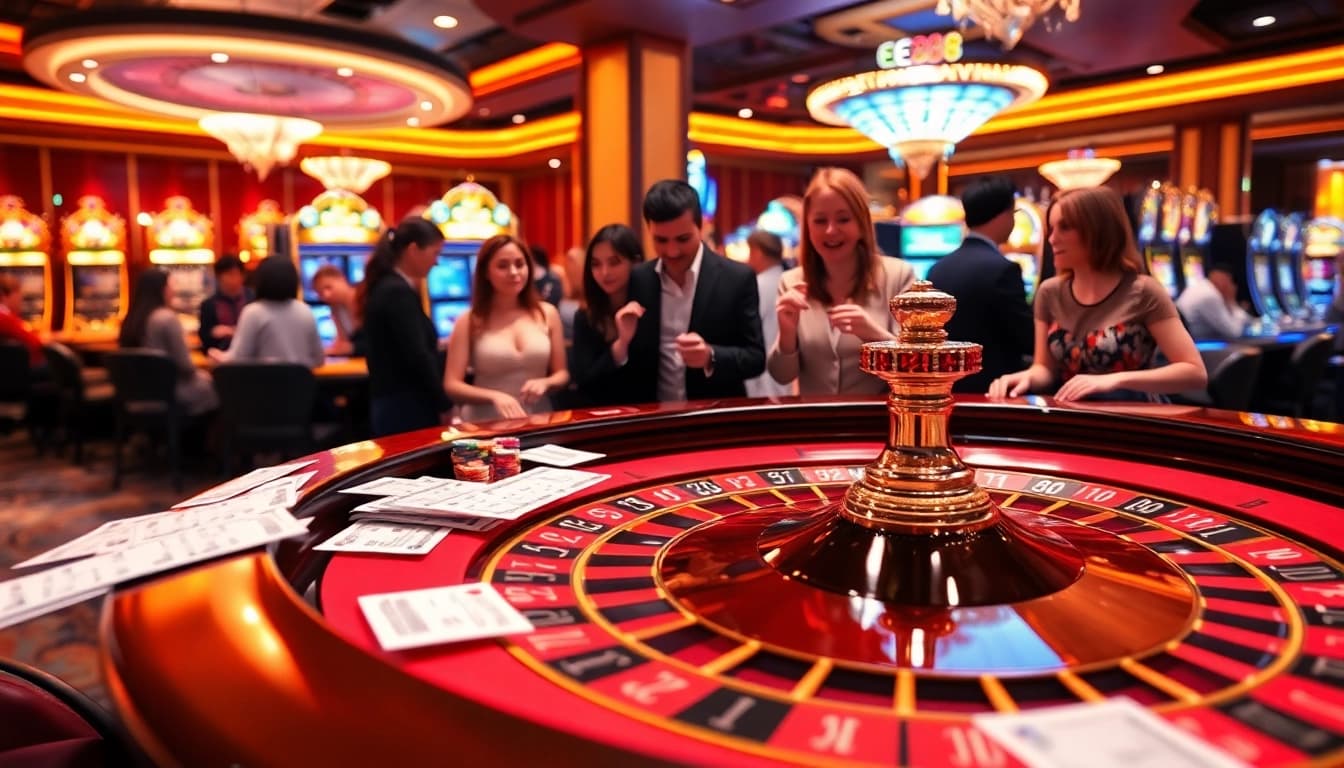 EE88 players enjoying an immersive roulette game with vibrant colors and luxurious casino ambiance.