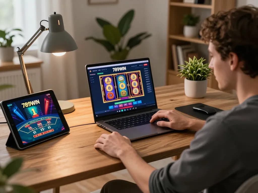 Engaged player enjoying online slot games on 789WIN platform from home setup.