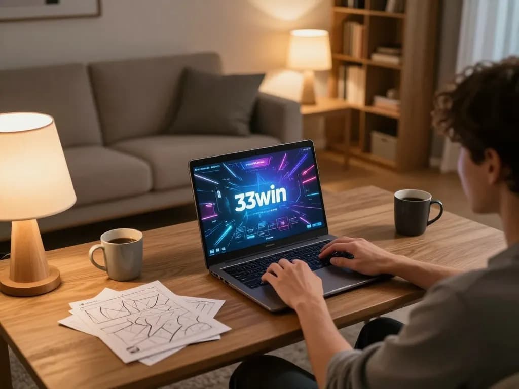 Player engaging with 33win online casino on a sleek laptop, showcasing a cozy gaming experience.