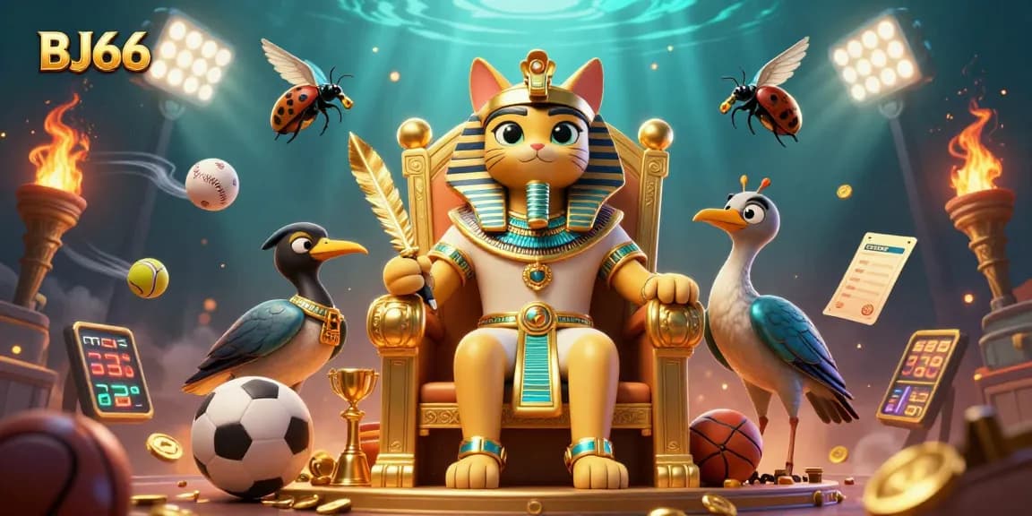 Engage with BJ66 featuring a pharaoh cat and gaming excitement, showcasing sports betting elements.
