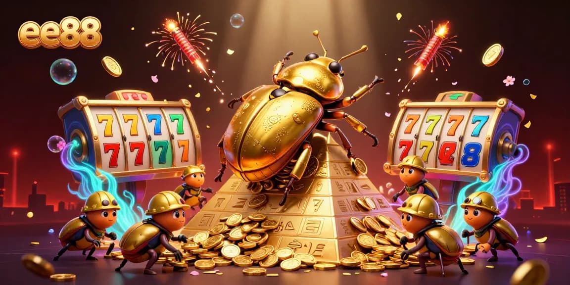 Experience fortune with ee88 as beetles roll golden coins and vibrant slots in this dynamic casino scene.