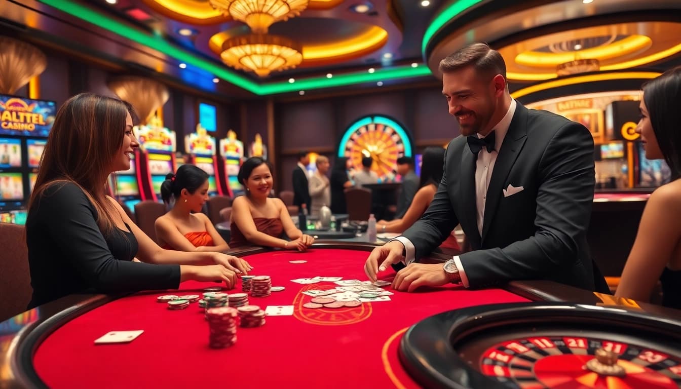 KIM88 casino scene with gamblers playing poker and slot machines, showcasing luxury and excitement.