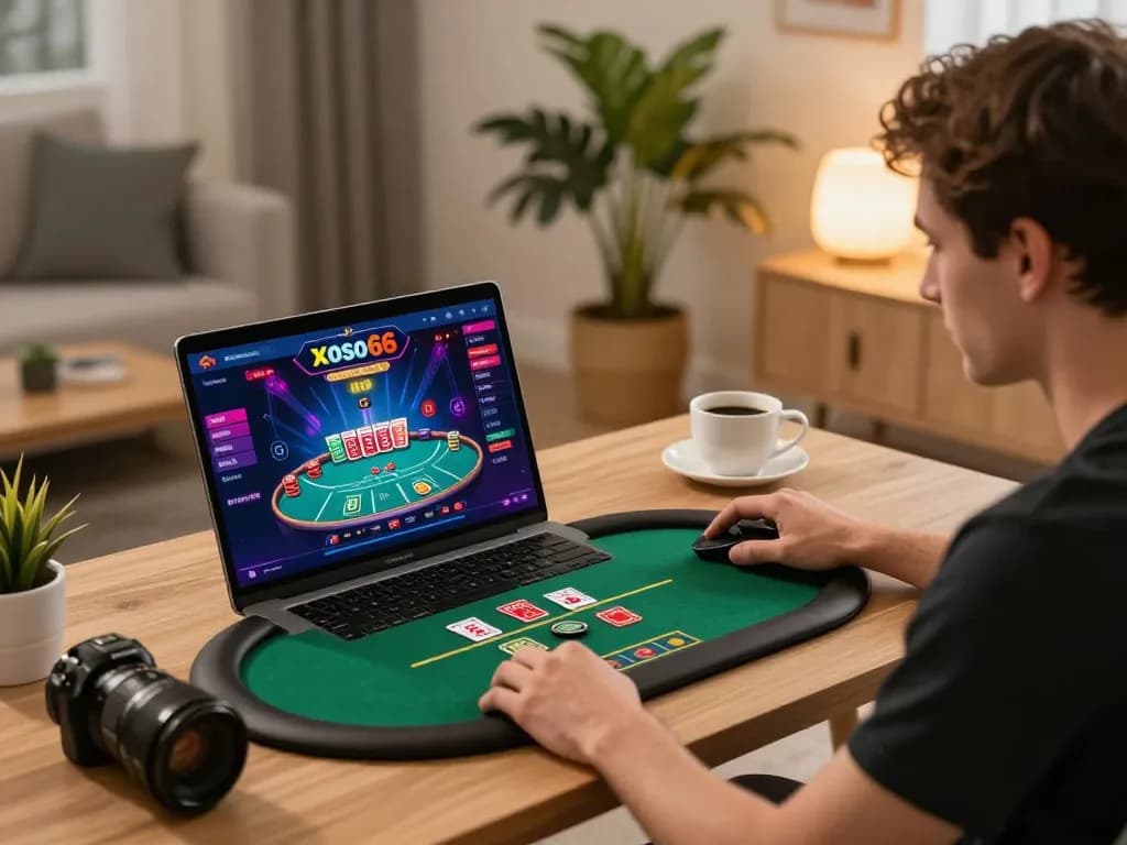 Player engaging with casino xoso66 on laptop, showcasing an exciting online gaming atmosphere at home.
