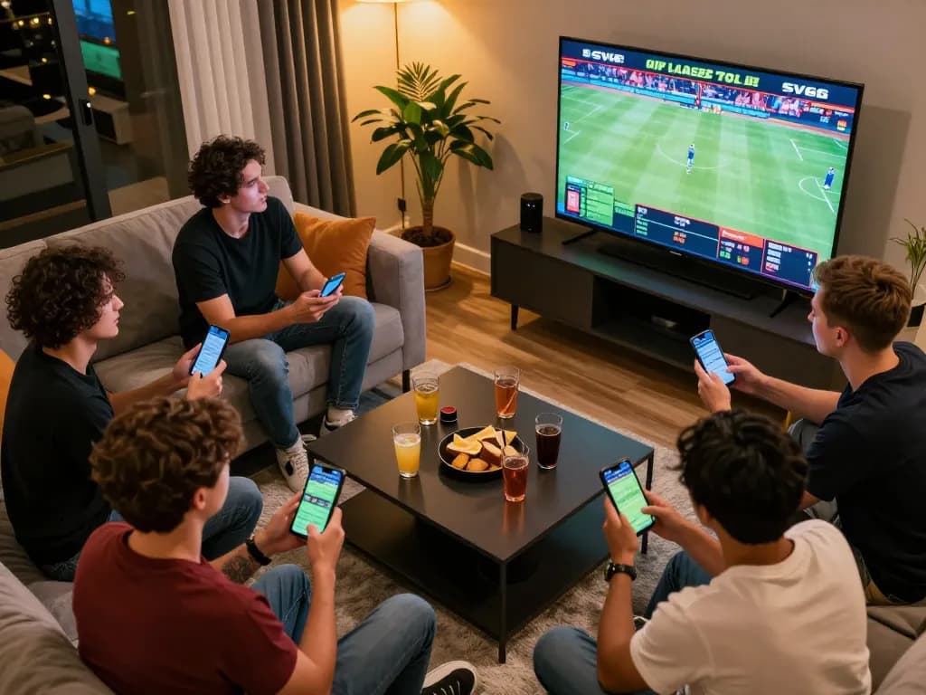 Friends engaged in active sports betting on the SV66 app while watching live events, capturing excitement and community