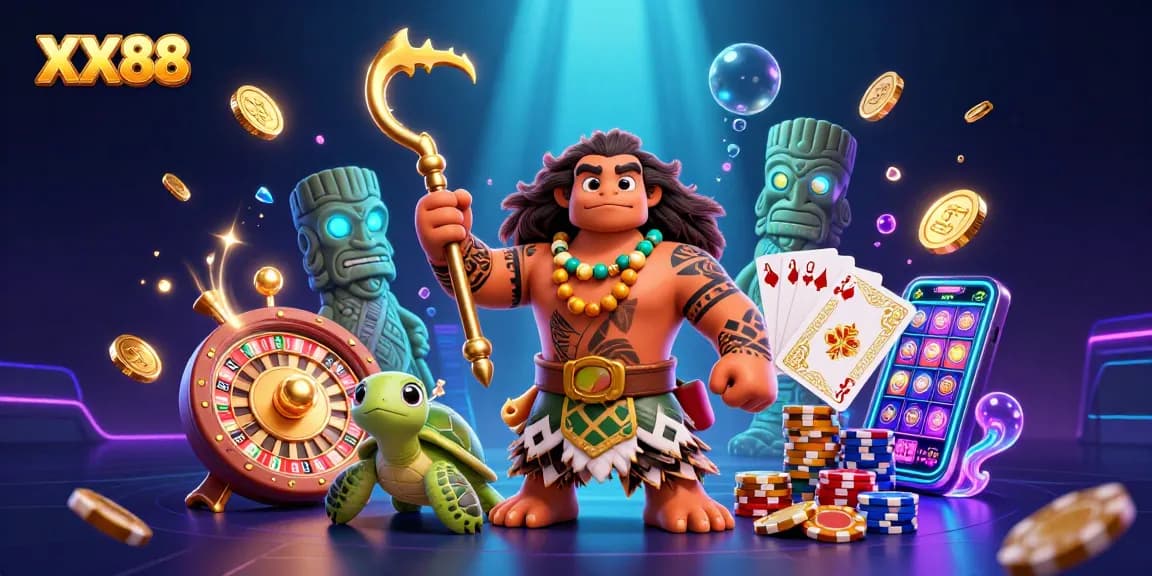 Explore winning strategies at XX88 with a vibrant 3D casino illustration featuring colorful elements.