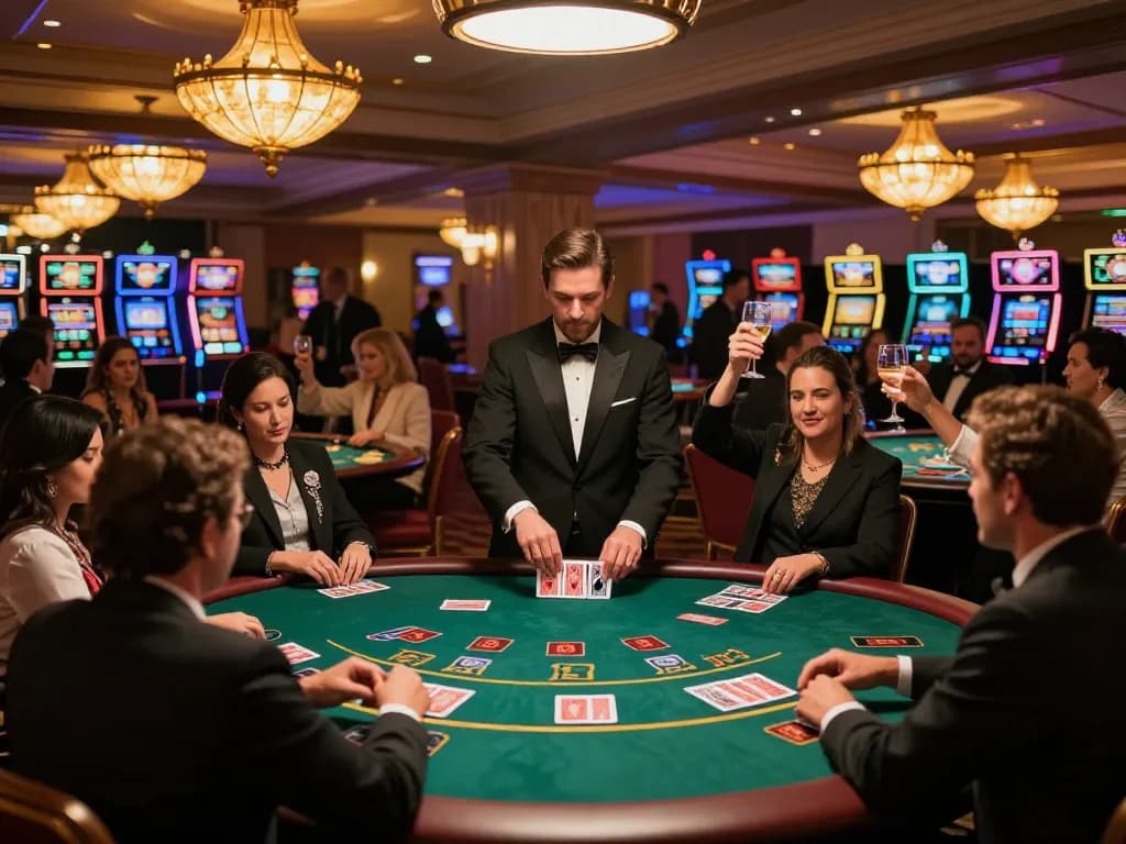 Fly88 players engaging in intense blackjack gameplay at a vibrant casino, celebrating wins amid ambient lighting.