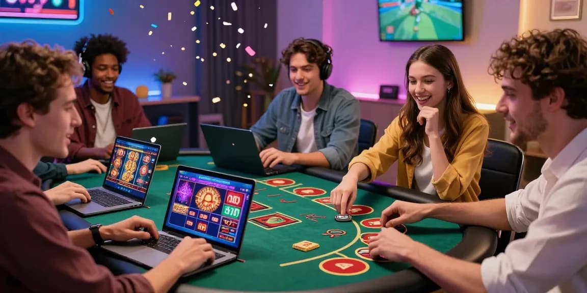 Welcome to 123b with friends enjoying lively online casino games in a modern setting.