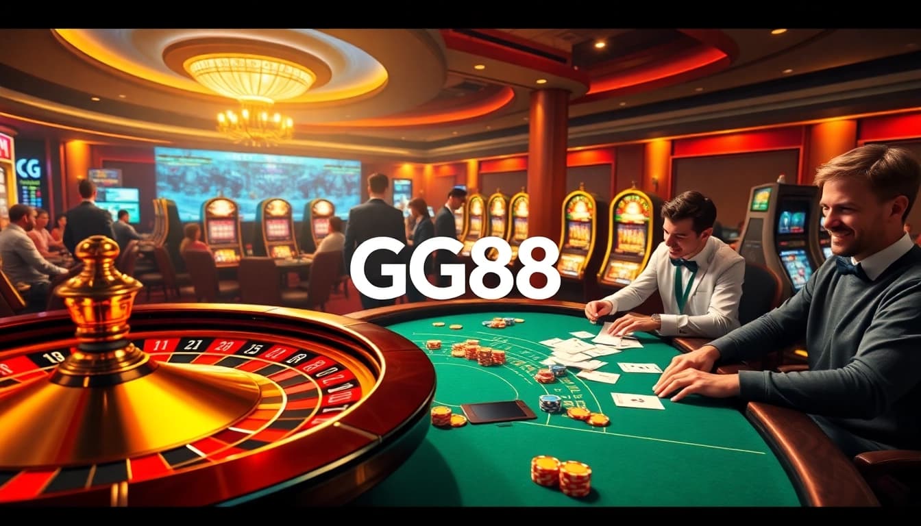 Experience the excitement of GG88 with poker games, roulette, and vibrant slot machines in a luxurious casino scene.