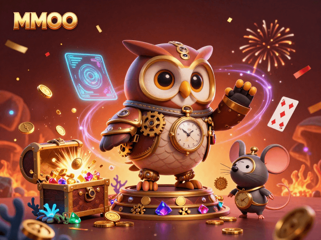 Engage in thrilling gameplay at MMOO, where a time-traveling owl and clockwork mouse explore a vibrant casino world.