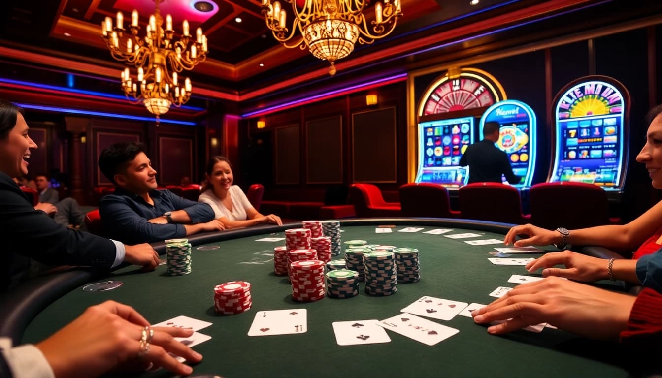 Players enjoying a thrilling poker game at hitclub casino, surrounded by colorful chips and cards.