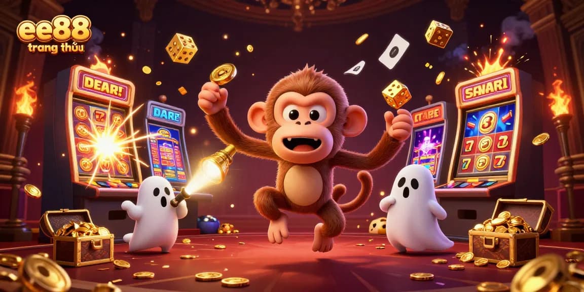 Engaging gameplay at ee88 trang chủ with a lively scene featuring a poltergeist monkey and a ghost-hunter puppy in a vibrant casino atmosphere.