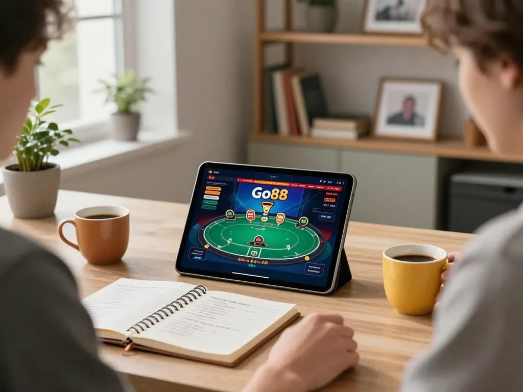 Engaging in Go88 online casino gaming in a stylish home office setting, showcasing strategic planning.