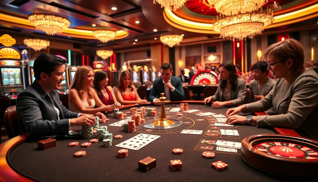Engaged players using eejl poker chips at a luxurious casino table with vibrant gaming elements.