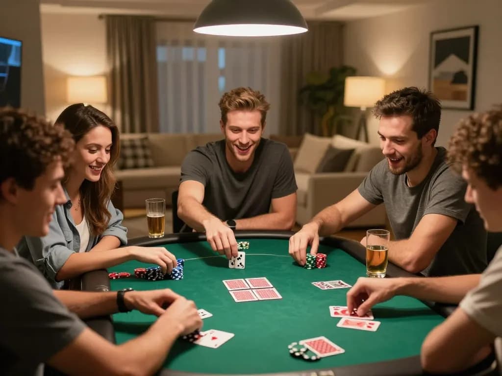Friends enjoying a poker night at home, using 58win strategies for strategic gameplay.