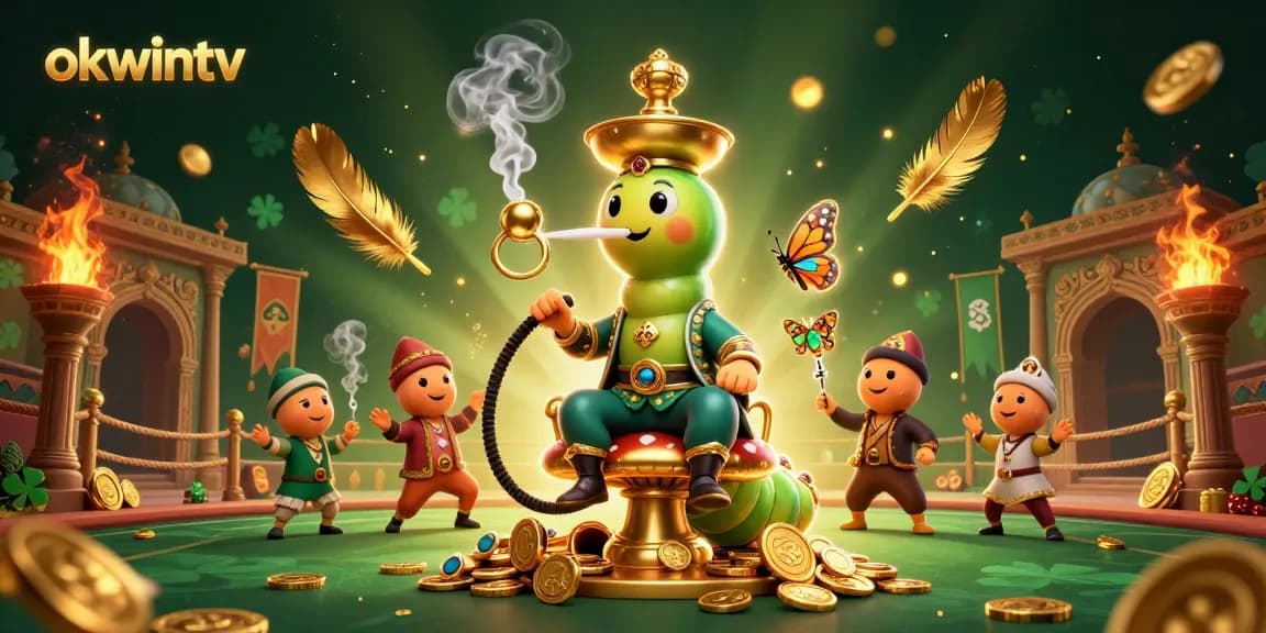Engage with the thrilling world of okwinTV as caterpillar master showcases poker symbols amidst vibrant casino elements.