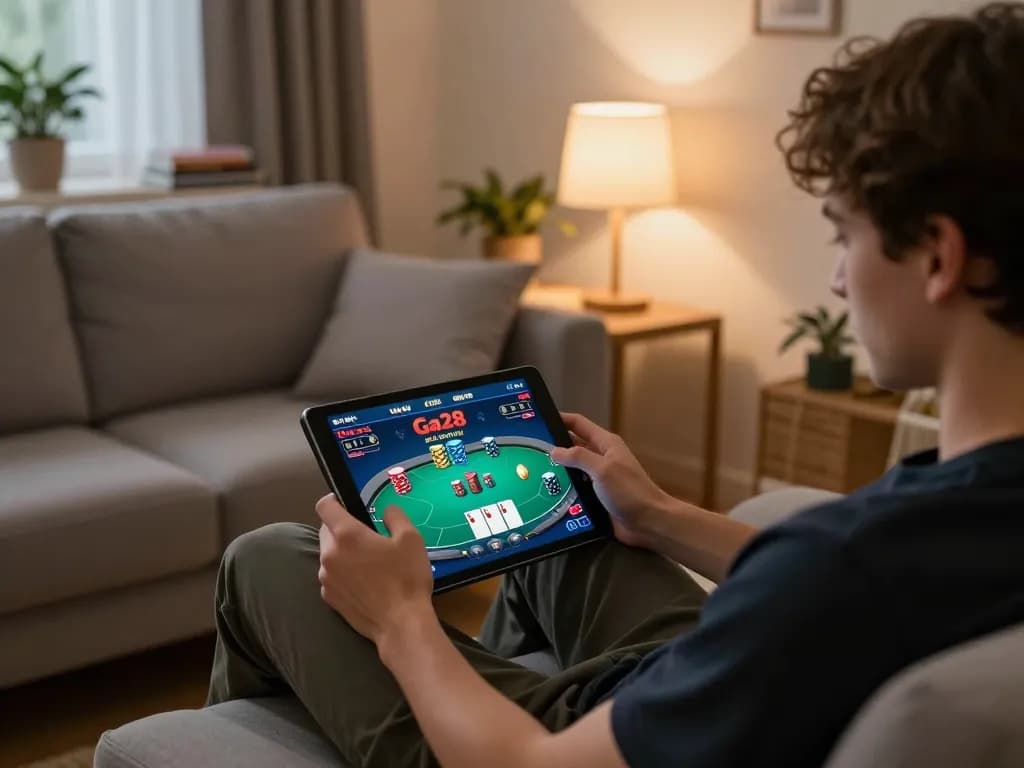 Player enjoying strategic advantage at Nhà cái Ga28 poker game on tablet in a cozy home setting
