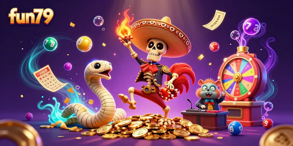 Experience fun79 with a lively victory dance amidst vibrant casino elements and golden coins.