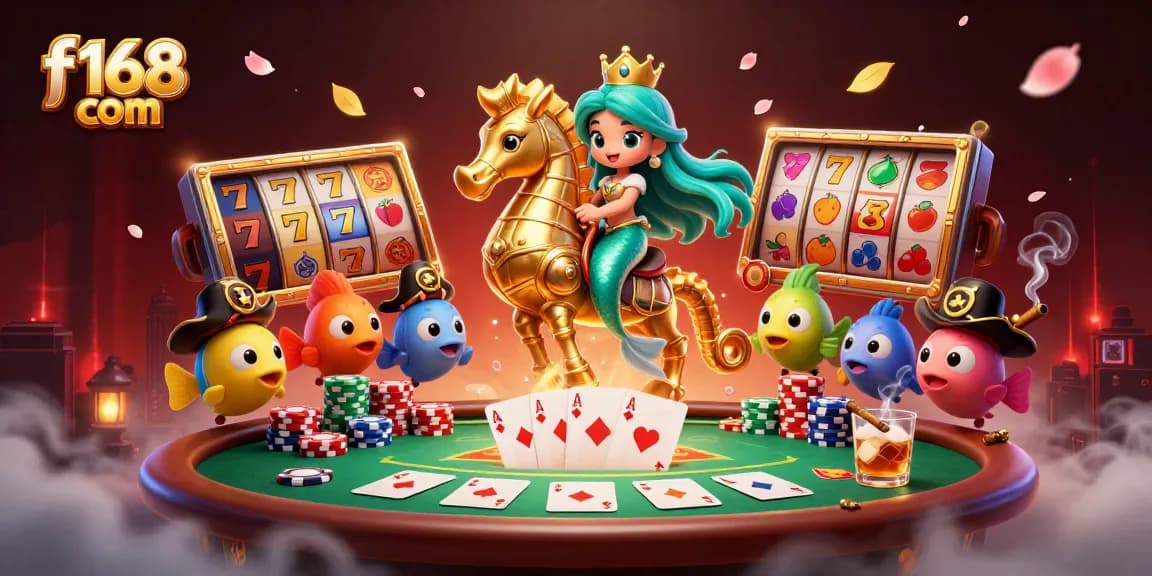 Engage with f168 com's vibrant gaming scene featuring a mermaid and golden seahorse amidst colorful casino elements.