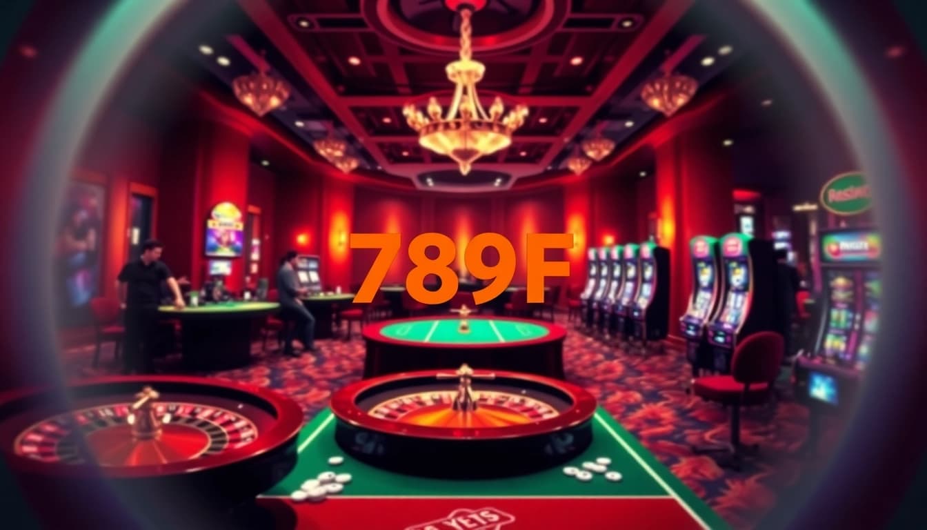 Experience the thrill of 789F with vibrant casino elements like tables and slot machines.