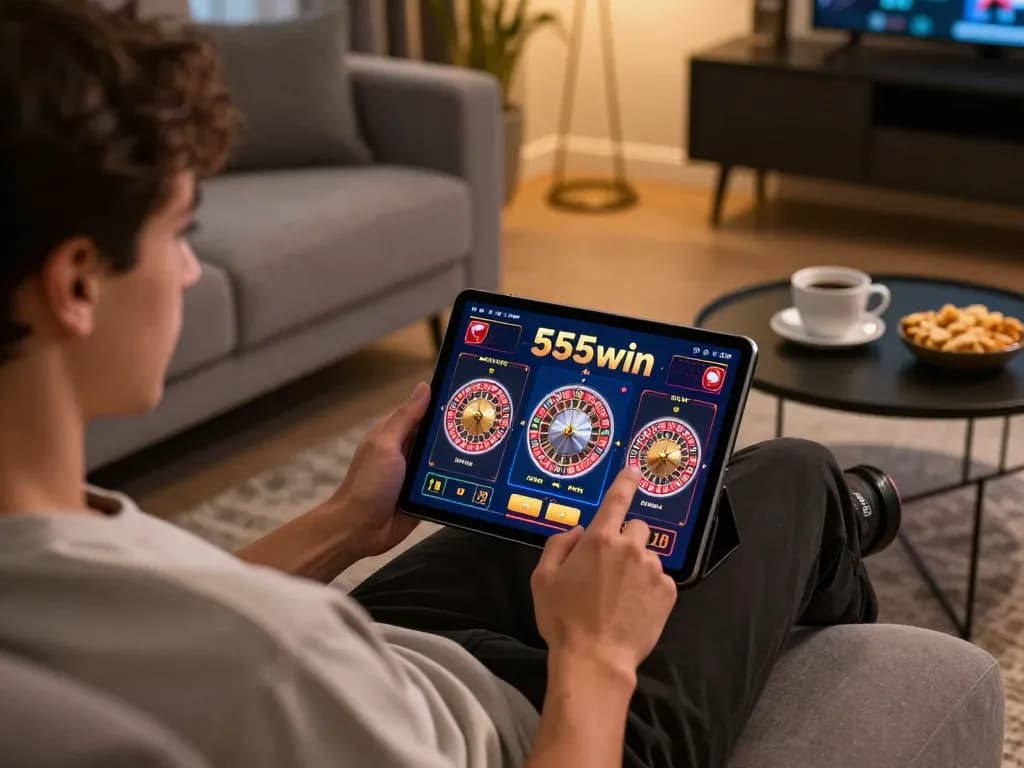 Player enjoying 555win online casino gaming on tablet, creating an engaging home atmosphere.