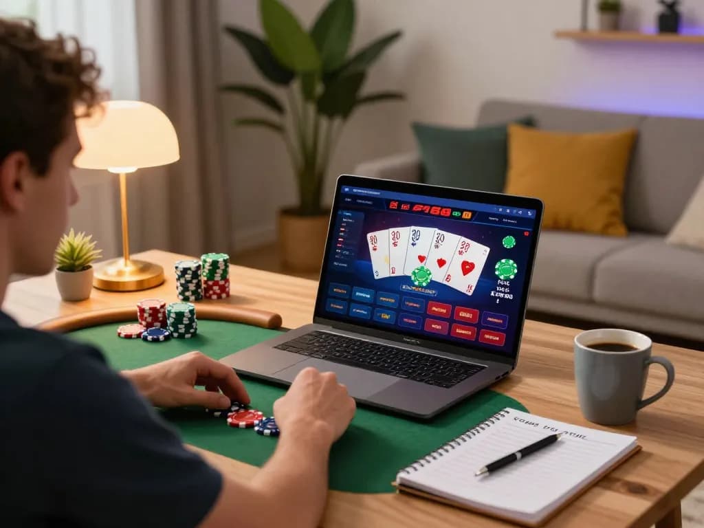 F168 player enjoying an engaging live poker game on a laptop with strategy notes