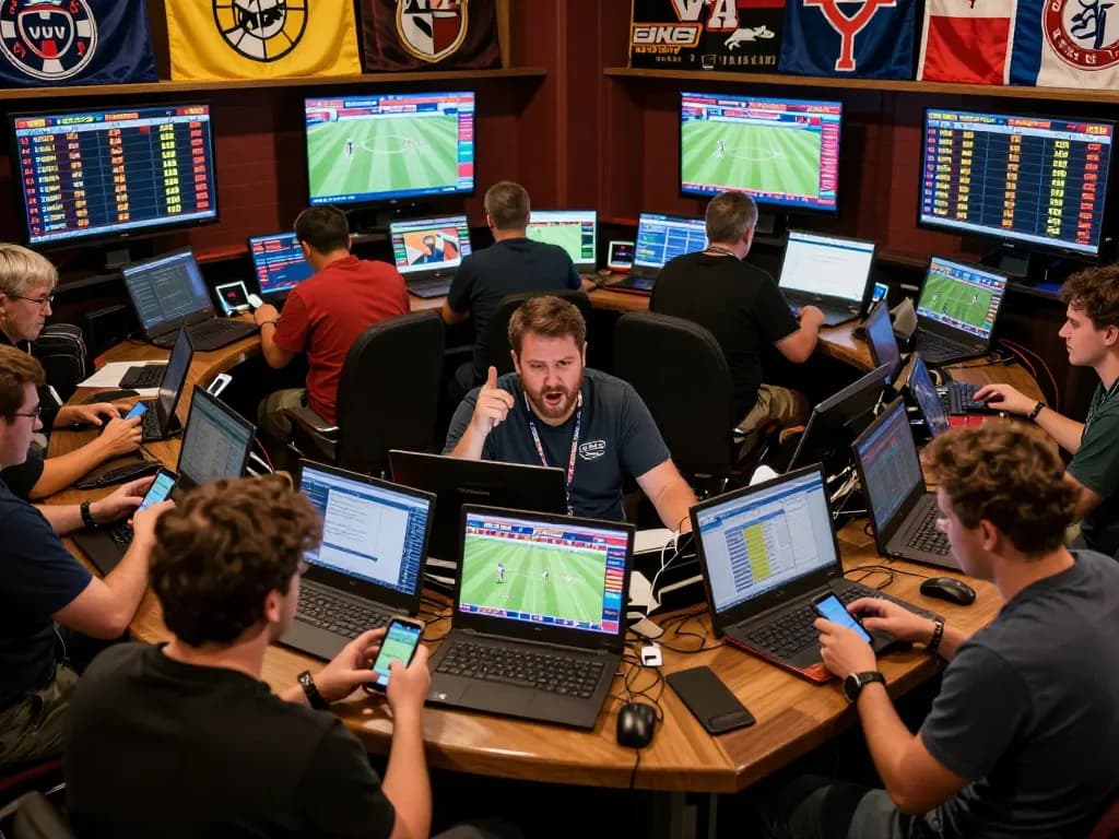 Engaged bettors analyzing keo nha cai hom nay in an exciting sports betting atmosphere