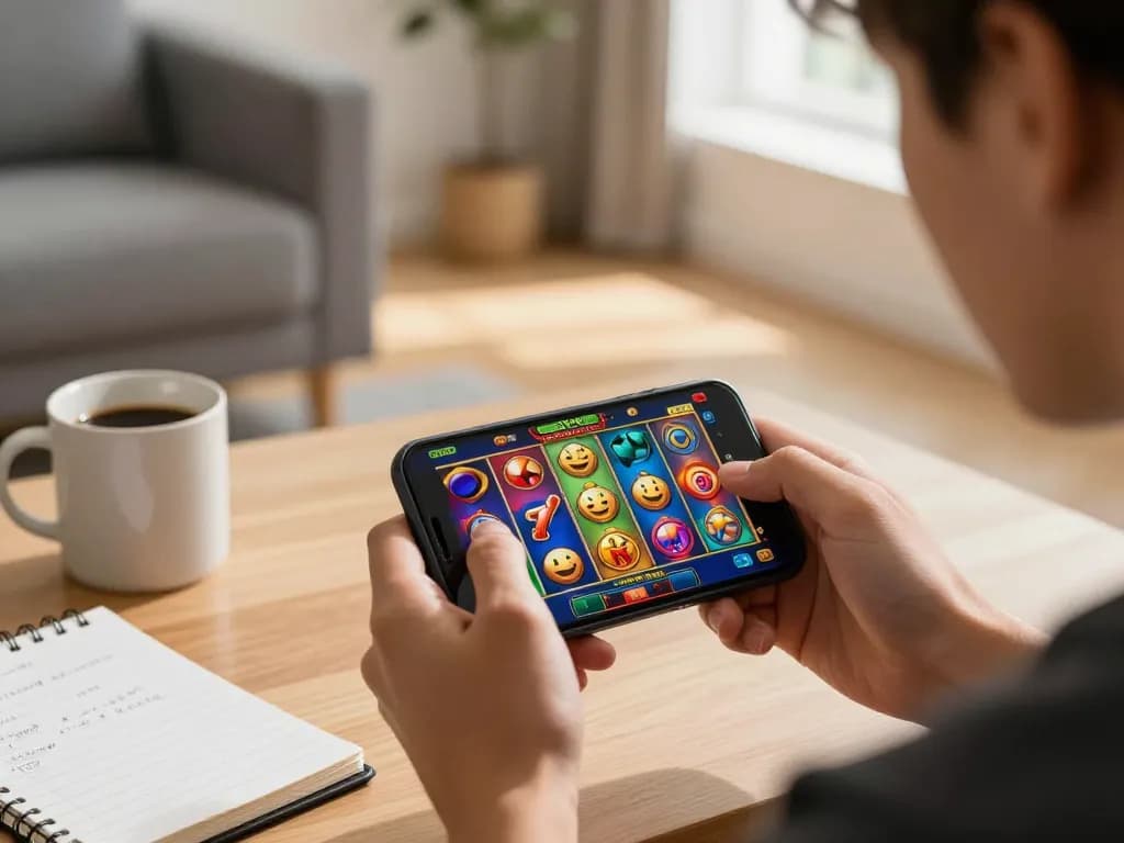 Bayvip player spinning slots on smartphone in cozy home setting, enjoying an interactive online gaming experience.