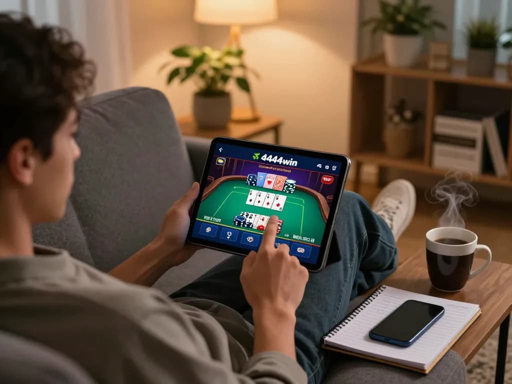 Engaging poker game experience on 4444win app in a cozy home setting.
