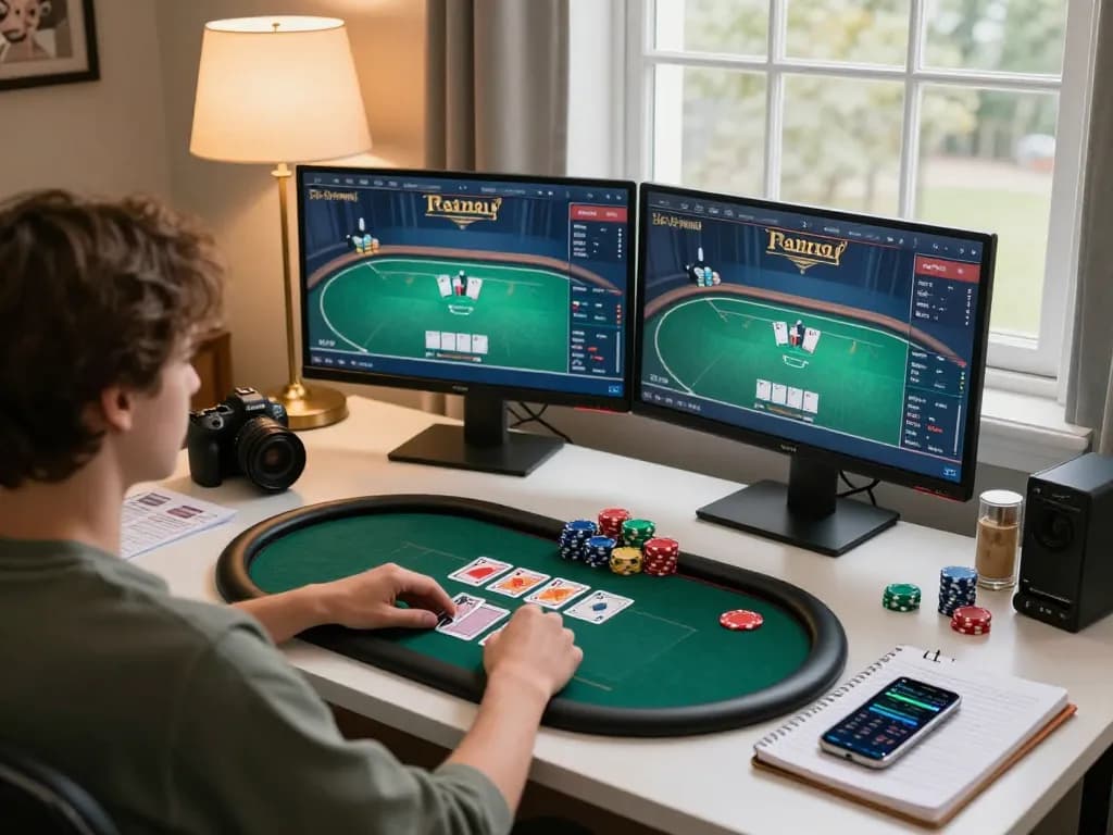 Player engaged in a strategic online poker game at home with ga8888 interface visible