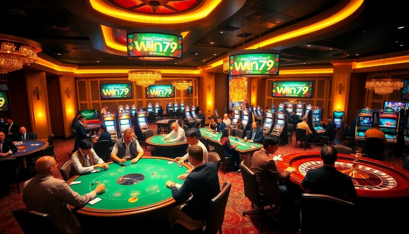 Win79 players enjoying a vibrant casino atmosphere with tables and slot machines.