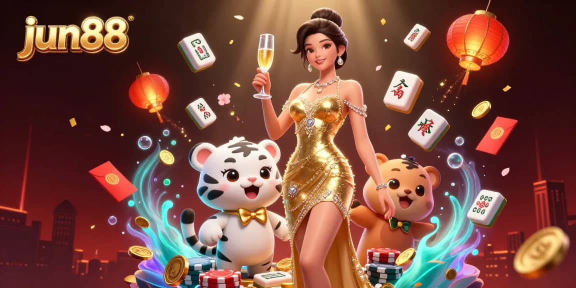 Join the excitement at jun88 with a glamorous scene featuring a lucky tiger cub and casino elements.