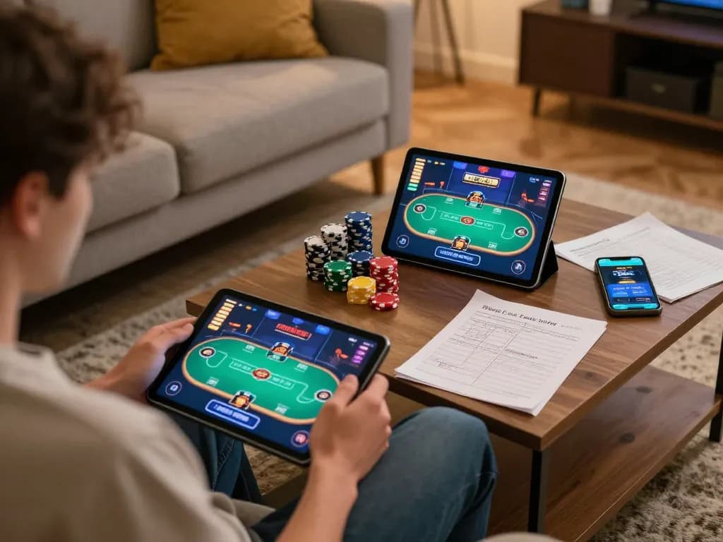 Engaging in online gaming with lc88 on a tablet, showcasing poker strategy and responsible play