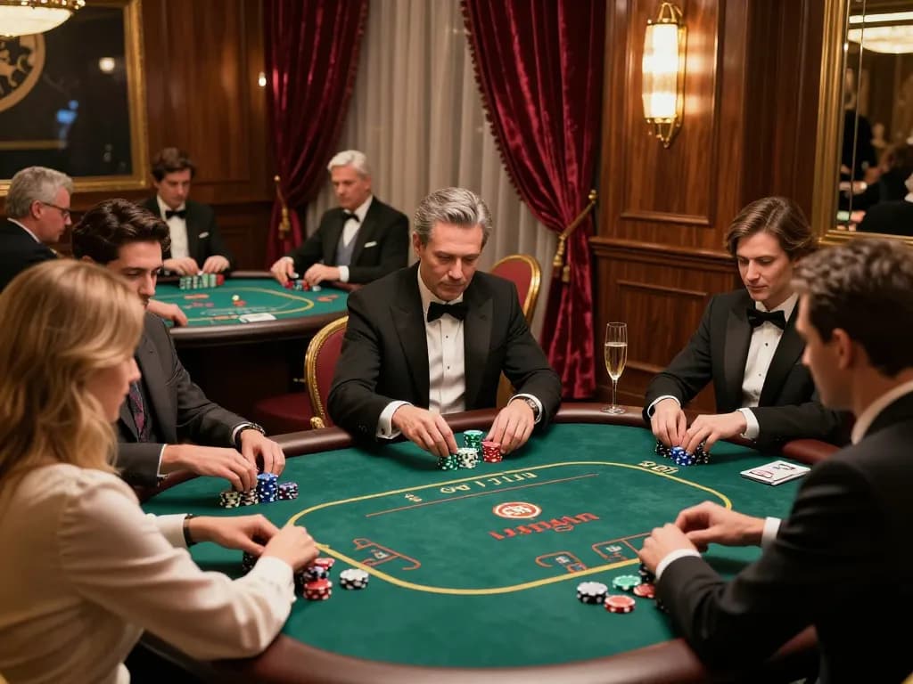 Players immersed in a poker game at the trang chủ hm88 VIP casino, showcasing strategic gameplay and luxury.