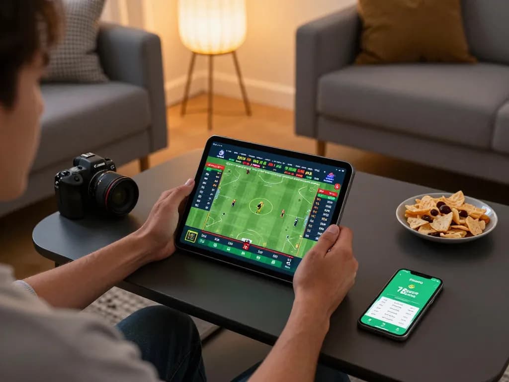 Betting live on 78wingo with a tablet showcasing current odds in a cozy home environment.